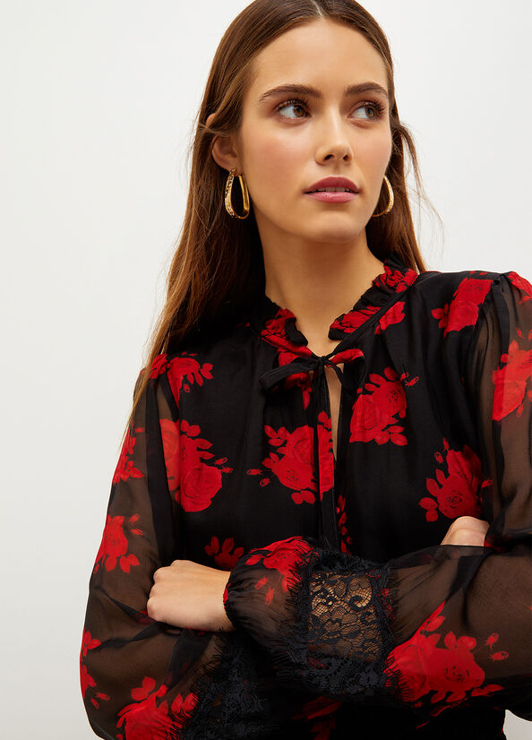 Camicie Liu Jo Floral Chiffon Blouse Donna Nere Rosse | RJN-059468