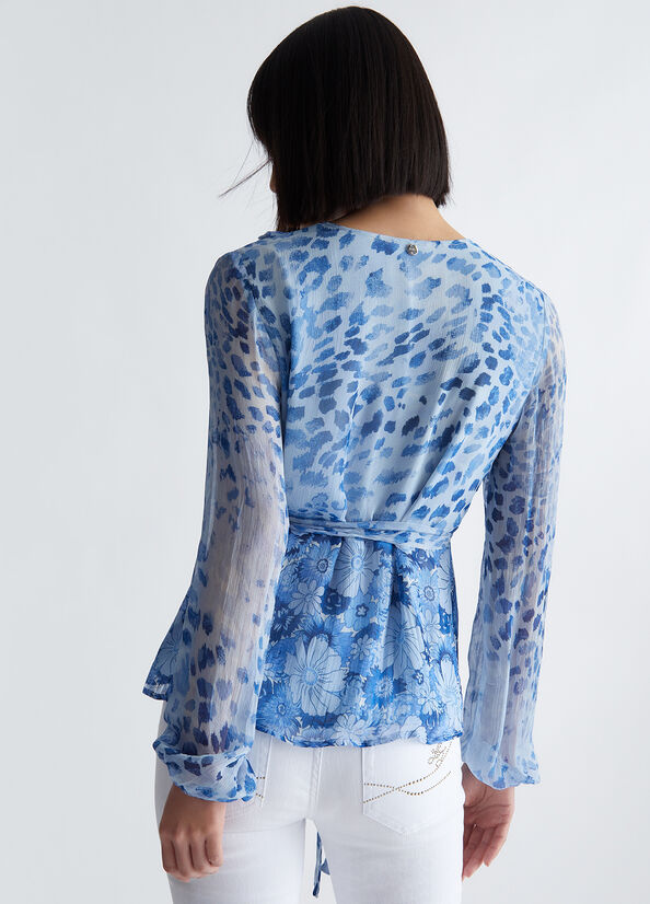 Camicie Liu Jo Floral Crepon Blouse Donna Blu Scuro | QFA-514609