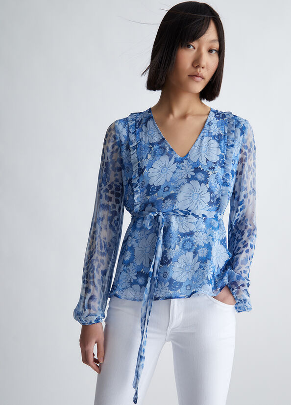 Camicie Liu Jo Floral Crepon Blouse Donna Blu Scuro | QFA-514609