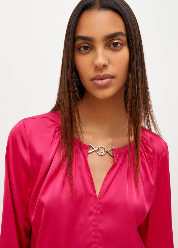 Camicie Liu Jo Satin Blouse With Jewel Logo Donna Fucsia | QHO-908361