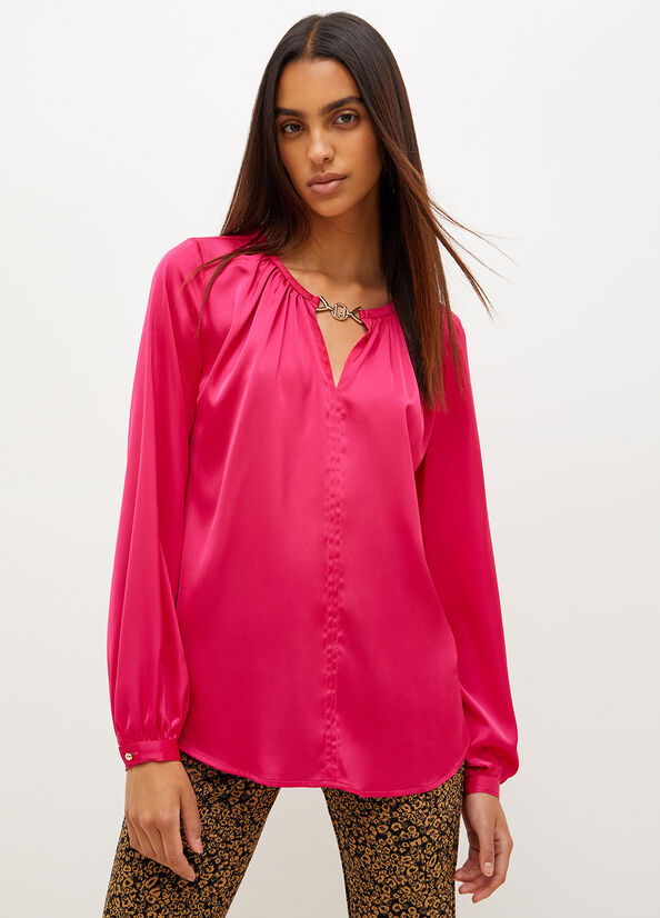 Camicie Liu Jo Satin Blouse With Jewel Logo Donna Fucsia | QHO-908361