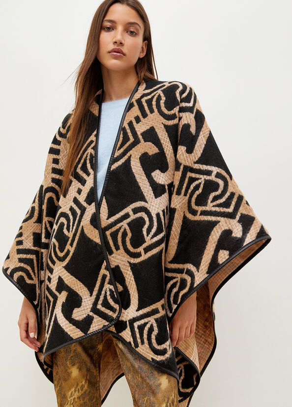 Cappotti Liu Jo Jacquard Poncho With Logo Donna Nere | UZJ-176240