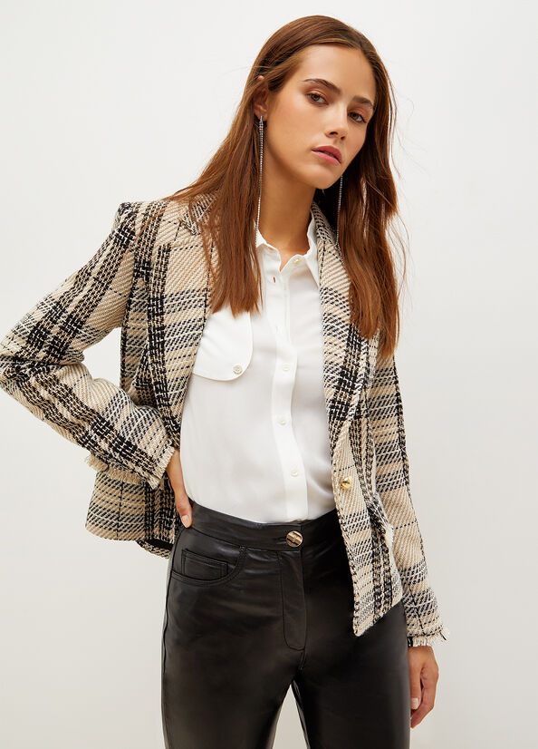 Giacca Liu Jo Blazer In Woven Check Bouclé Donna Beige | KMF-130542