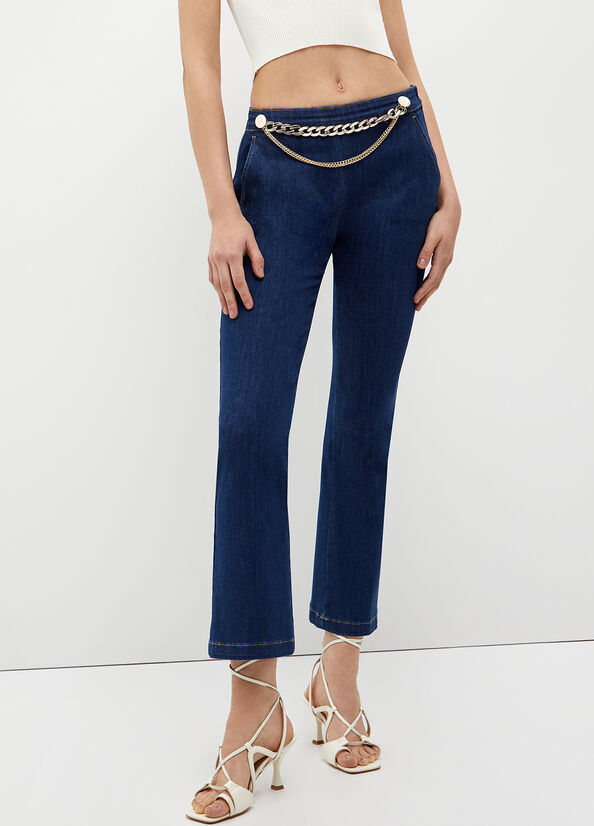 Jeans Straight Liu Jo Cropped With Jewel Accessory Donna Blu | DCY-197423