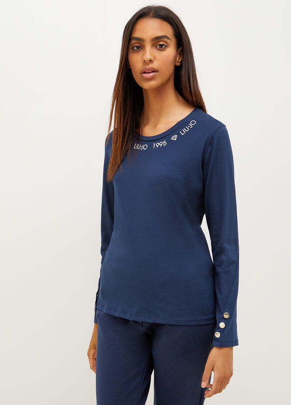 Magliette Liu Jo Jersey With Logo And Buttons Donna Blu | UCE-509781