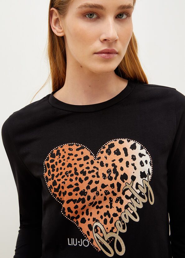 Magliette Liu Jo With Animal-Print Heart Donna Nere | GXB-476932