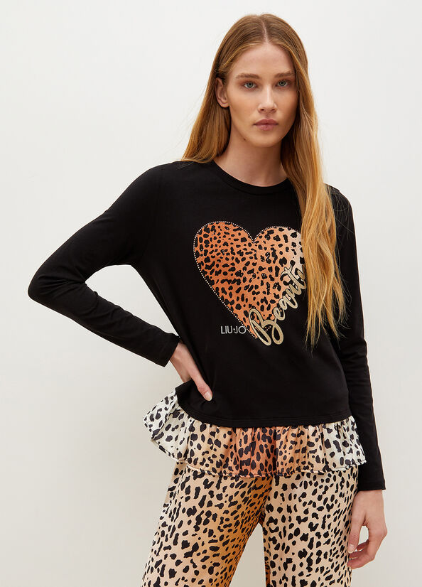 Magliette Liu Jo With Animal-Print Heart Donna Nere | GXB-476932