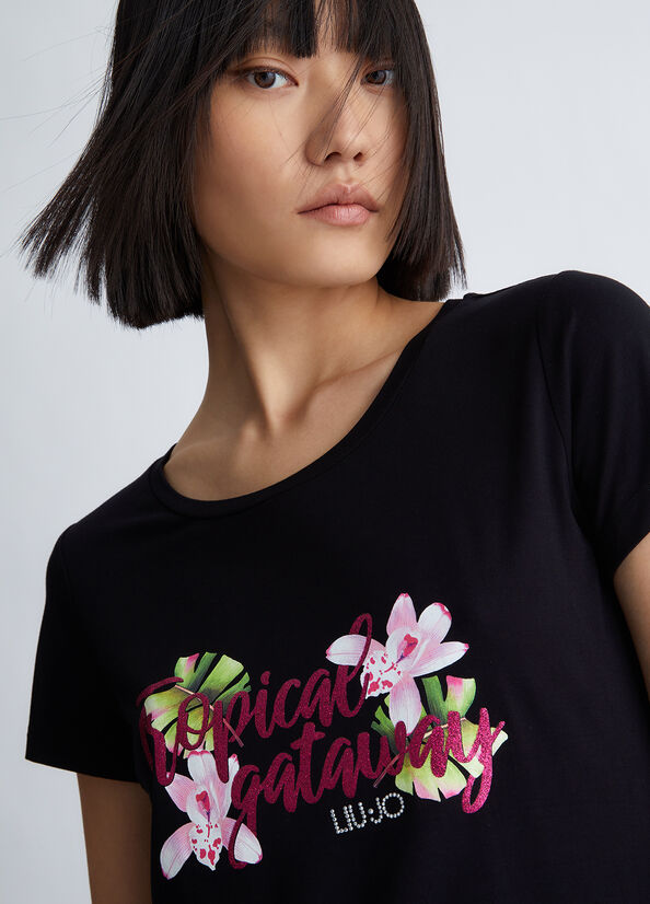 Magliette Liu Jo With Tropical Print Donna Nere | DFZ-435290