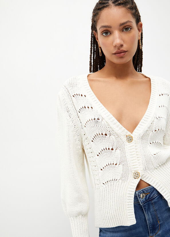 Maglioni Liu Jo Cotone Crochet Cardigan Donna Bianche | HCT-402159