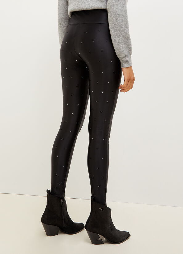 Pantaloni Liu Jo Stretch Jersey Leggings With Rhinestones Donna Nere | MUX-023671