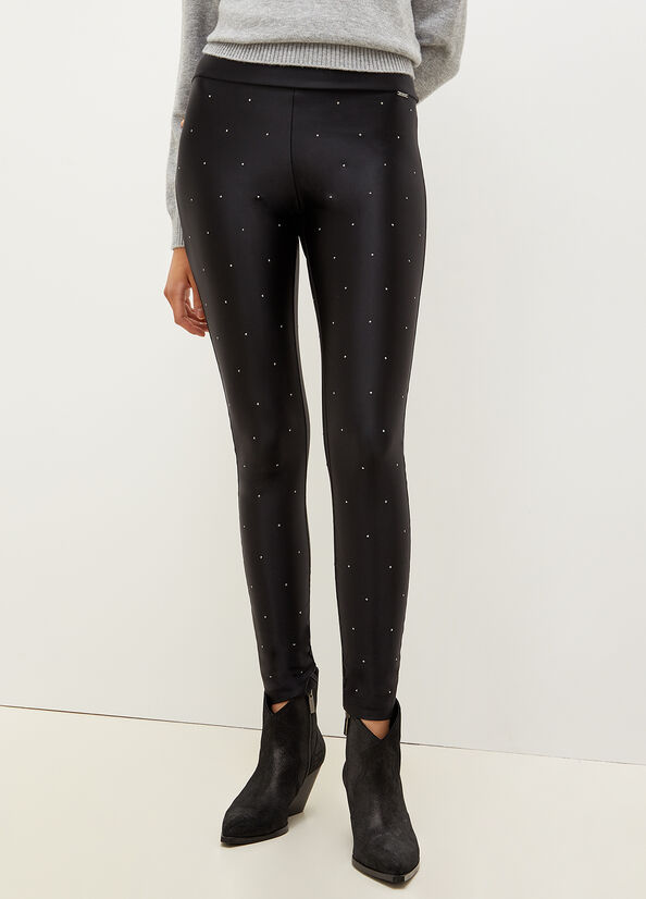 Pantaloni Liu Jo Stretch Jersey Leggings With Rhinestones Donna Nere | MUX-023671