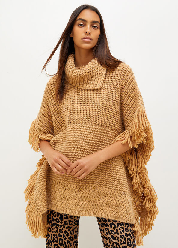 Cappotti Liu Jo Knit Cape With Fringes Donna Marroni | XIP-719564