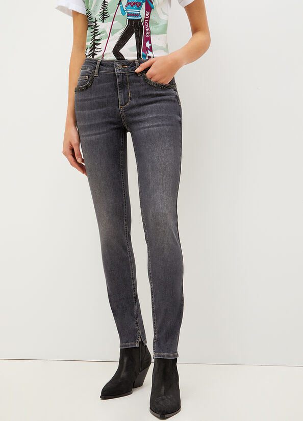 Jeans Skinny Liu Jo Bottom Up With Gemstones Donna Grigie Scuro | HBN-370129